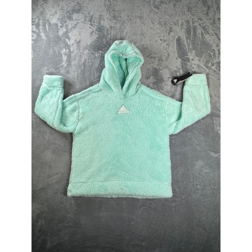 adidas Girls Sherpa Hoodie Size S 7/8 NWT Light Aqua Fuzzy Cozy Pullover